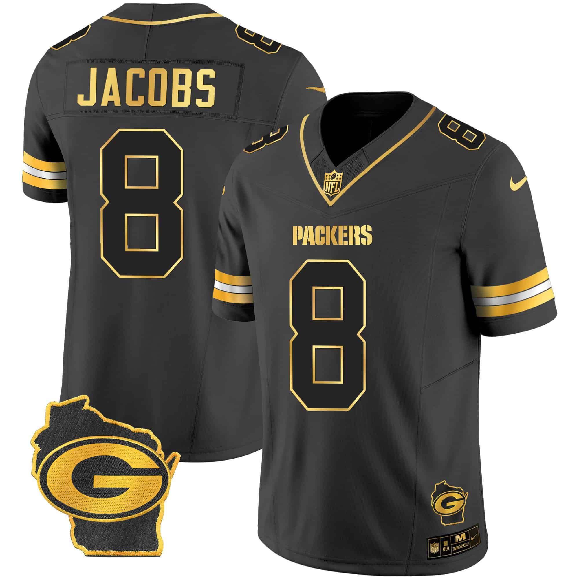 Men Green Bay Packers #8 Jacobs Black Gold 2024 Nike Home Patch Vapor NFL Jersey style 2